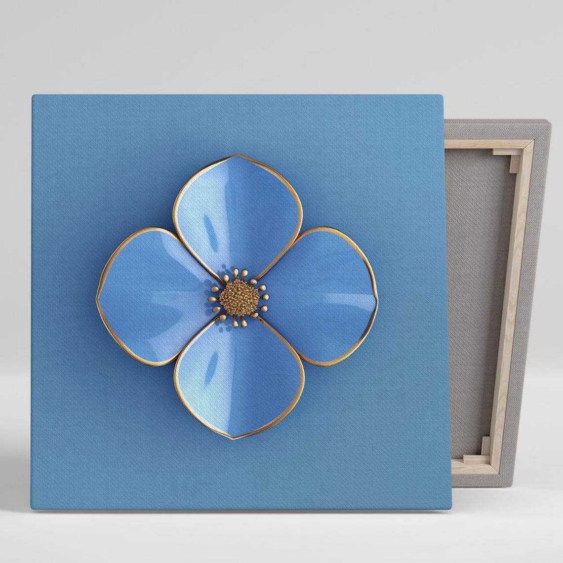 Glossy Blue Flower Gold Trim Elegant Minimalist Floral Art Wall Poster