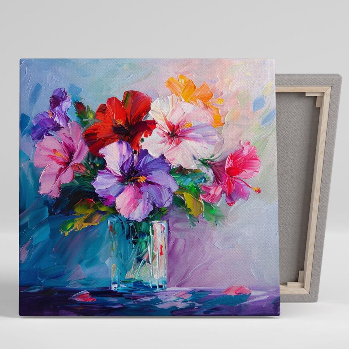 Vibrant Hibiscus Bouquet Impasto Oil Painting Floral Art Poster
