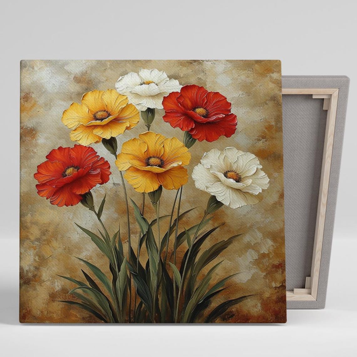 Rustic Poppy Flowers Red Yellow White Tall Stems Textured Art Poster