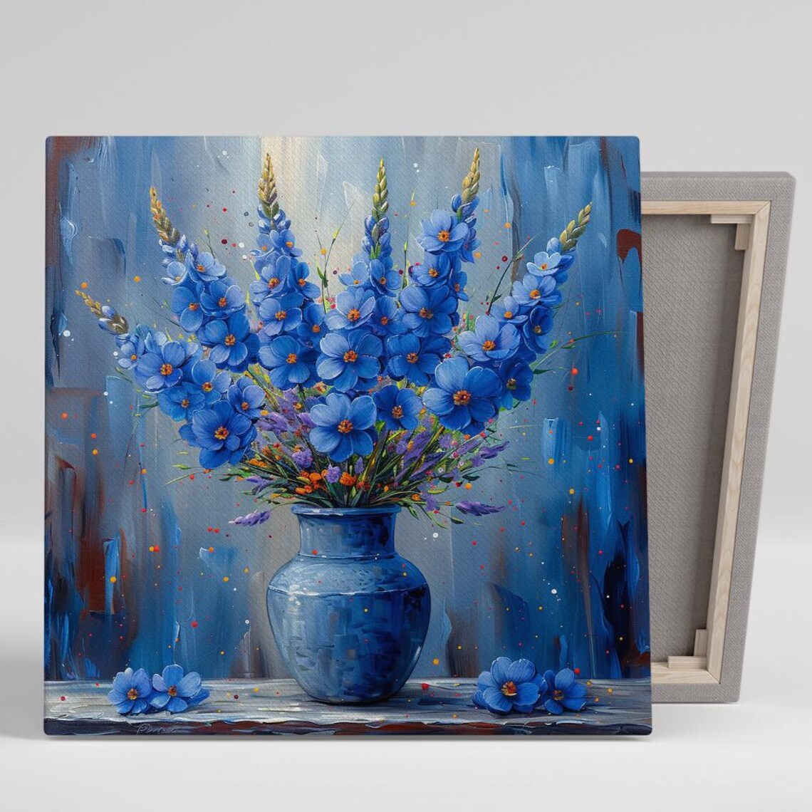 Blue Delphinium Bouquet In Blue Vase Floral Painting Art Poster