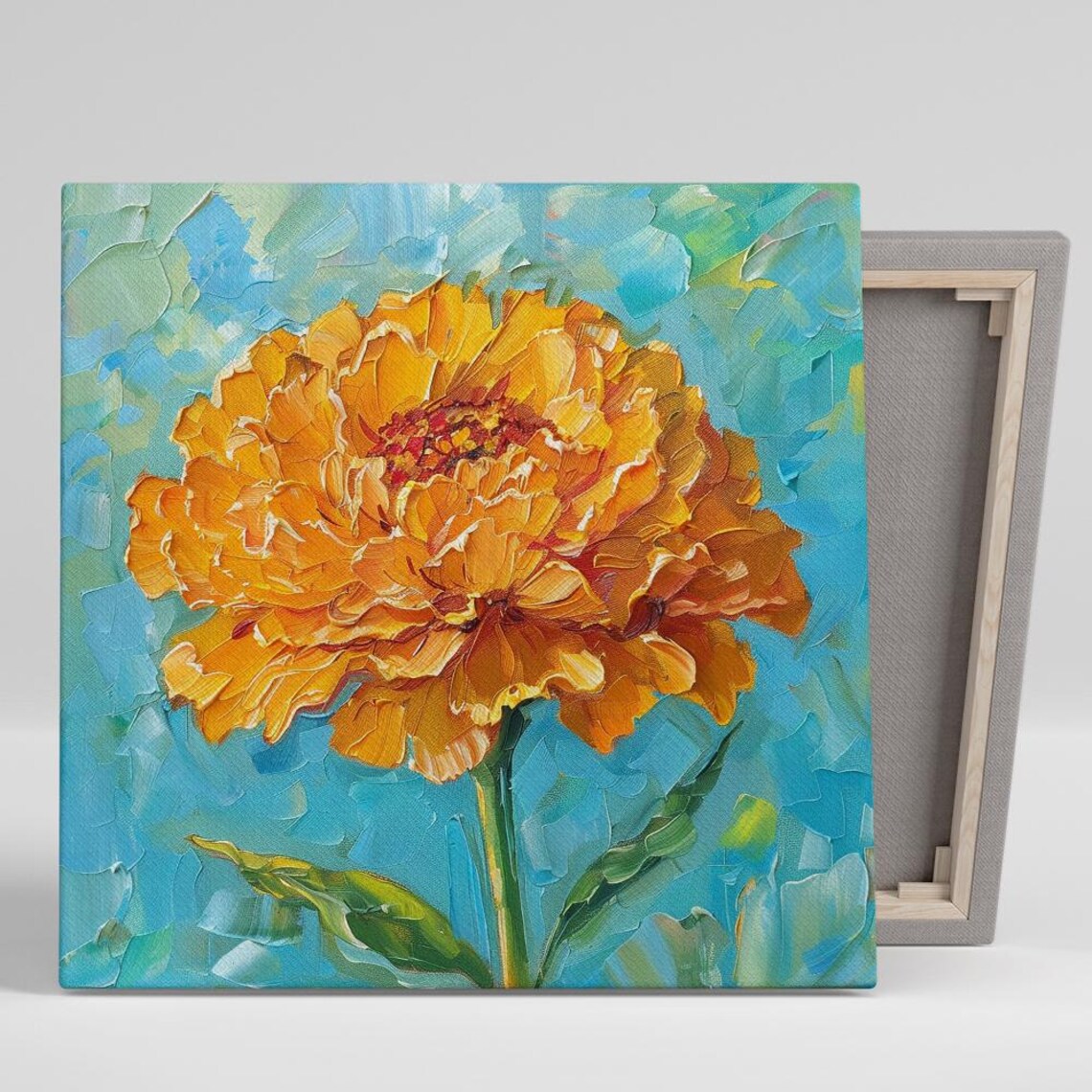 Golden Marigold Bloom Close Up Turquoise Impasto Floral Wall Art