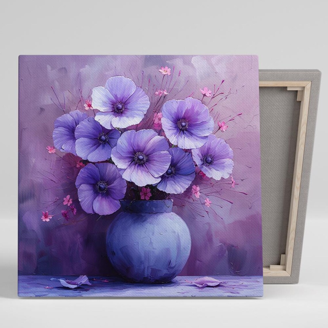 Purple Anemone Bouquet In Purple Vase Oil Painting Art Poster