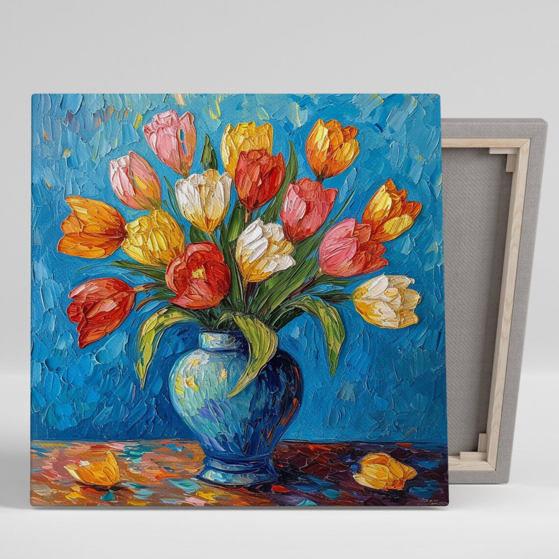 Tulip Bouquet Impasto Oil Painting Blue Vase Vivid Colorful Art Poster