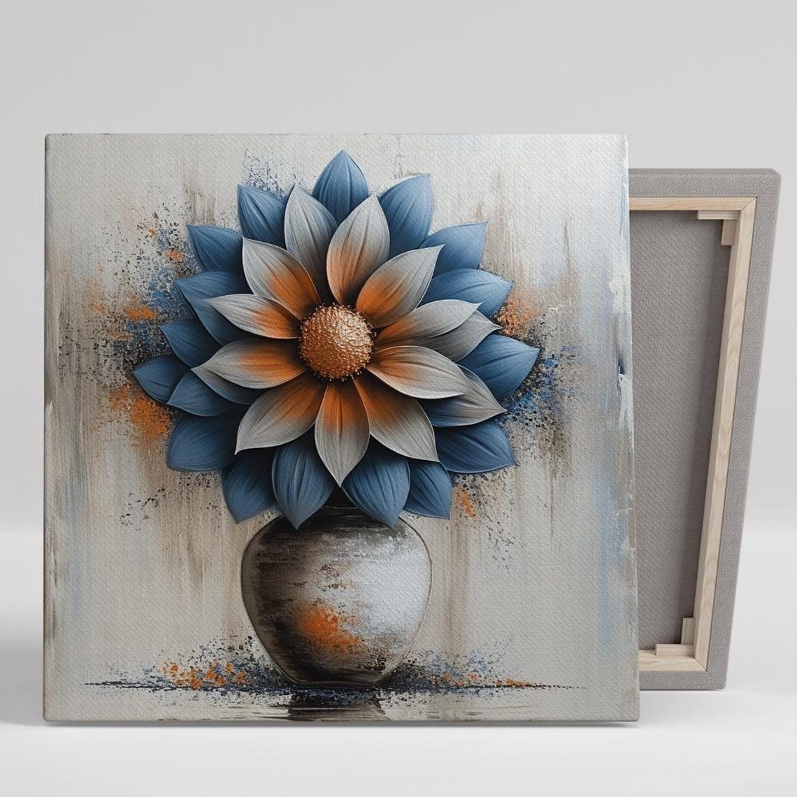 Blue Orange Dahlia Bloom Rustic Vase Modern Floral Art Poster