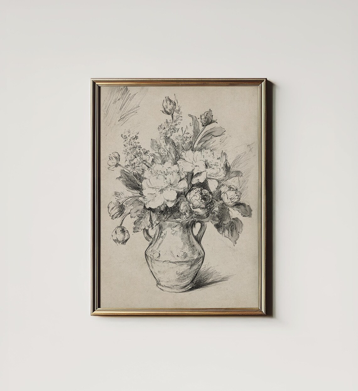 Antique French Flower Bouquet Sketch, Neutral Wall Art