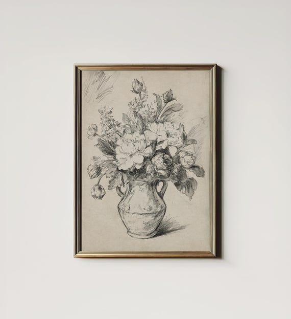 Antique French Flower Bouquet Sketch, Neutral Wall Art