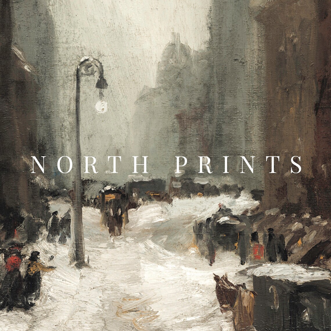 Snowy Old City Street Horse Carriages Moody Winter Painting Poster - Image 2