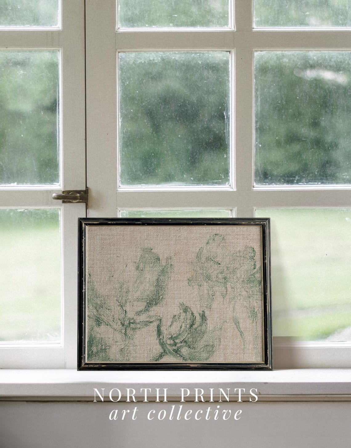 Neutral Green Abstract Floral Tapestry Textured Linen Art Poster - Image 3