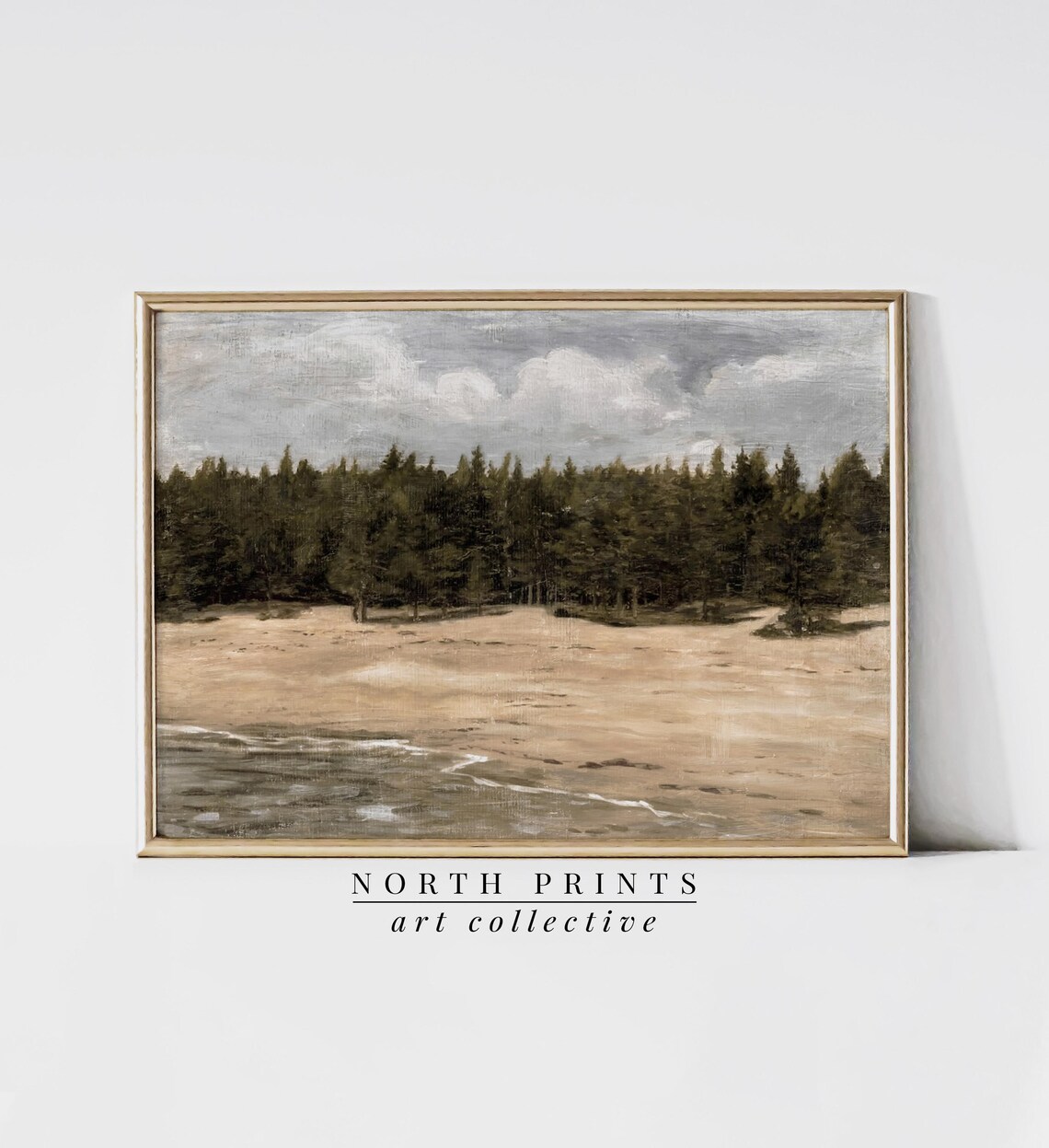 Moody Pine Forest Edge Sandy Shore Water Vintage Landscape Painting Wall Print - Image 3