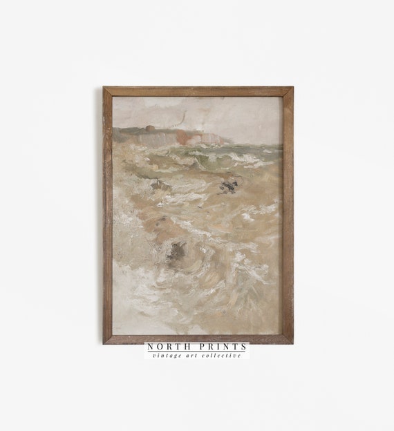 Muted Neutral Green Coastal Abstract Vintage Art Print