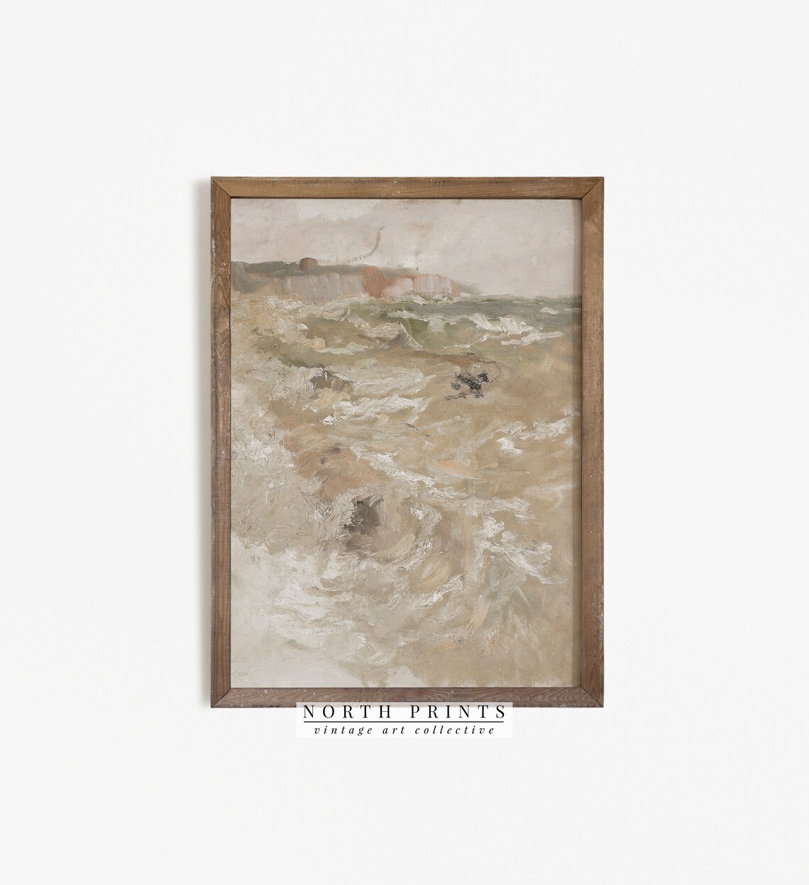 Muted Neutral Green Coastal Abstract Vintage Art Print