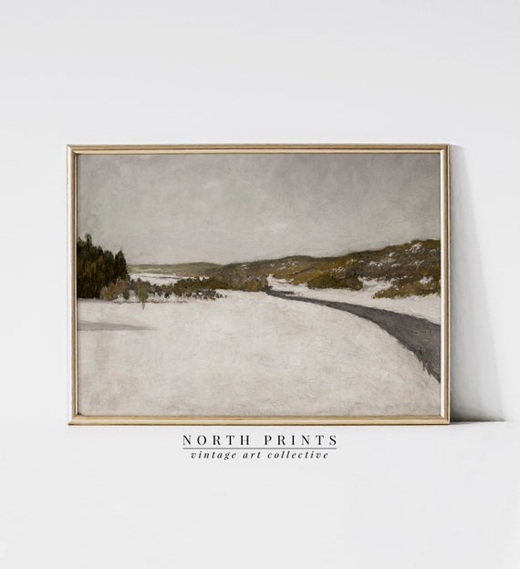 Vintage Winter Landscape Painting, Farmhouse Decor