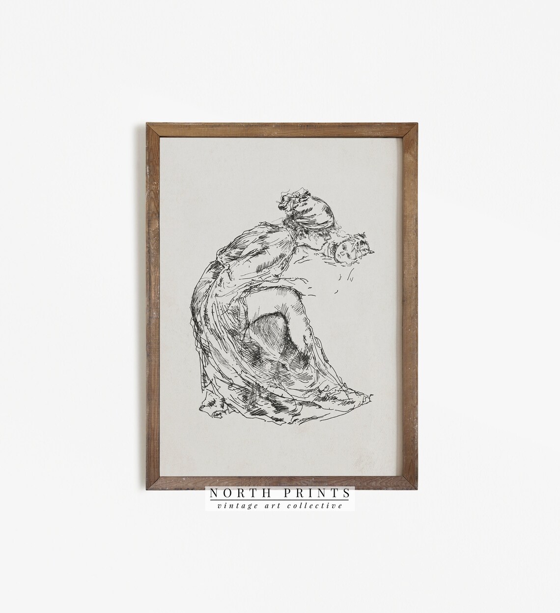 Mother and Child Vintage Sketch Nursery Art Print