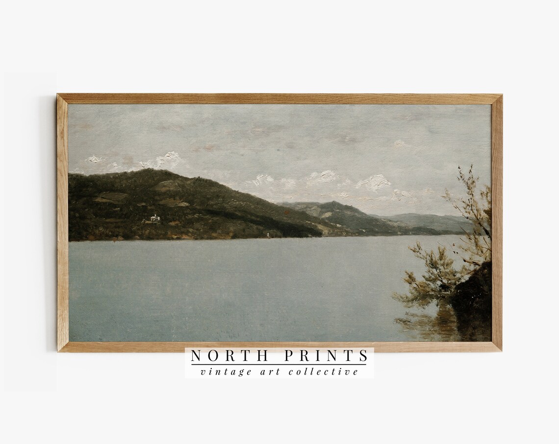 Vintage Lake Painting Art Print, Antique Landscape