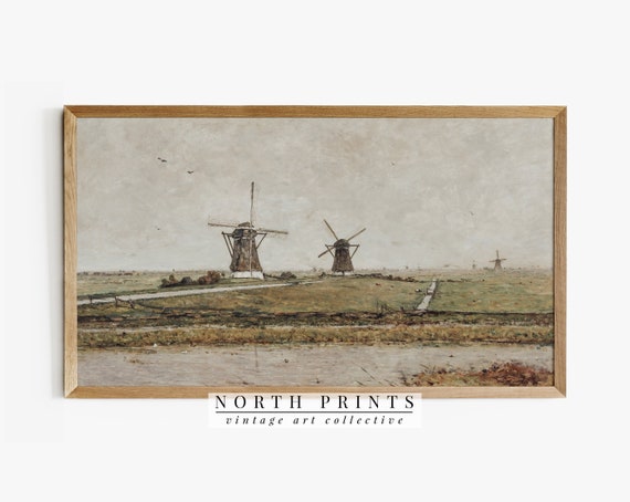 Vintage Windmill Landscape Art Print, European Travel