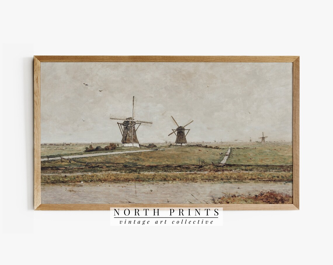 Vintage Windmill Landscape Art Print, European Travel