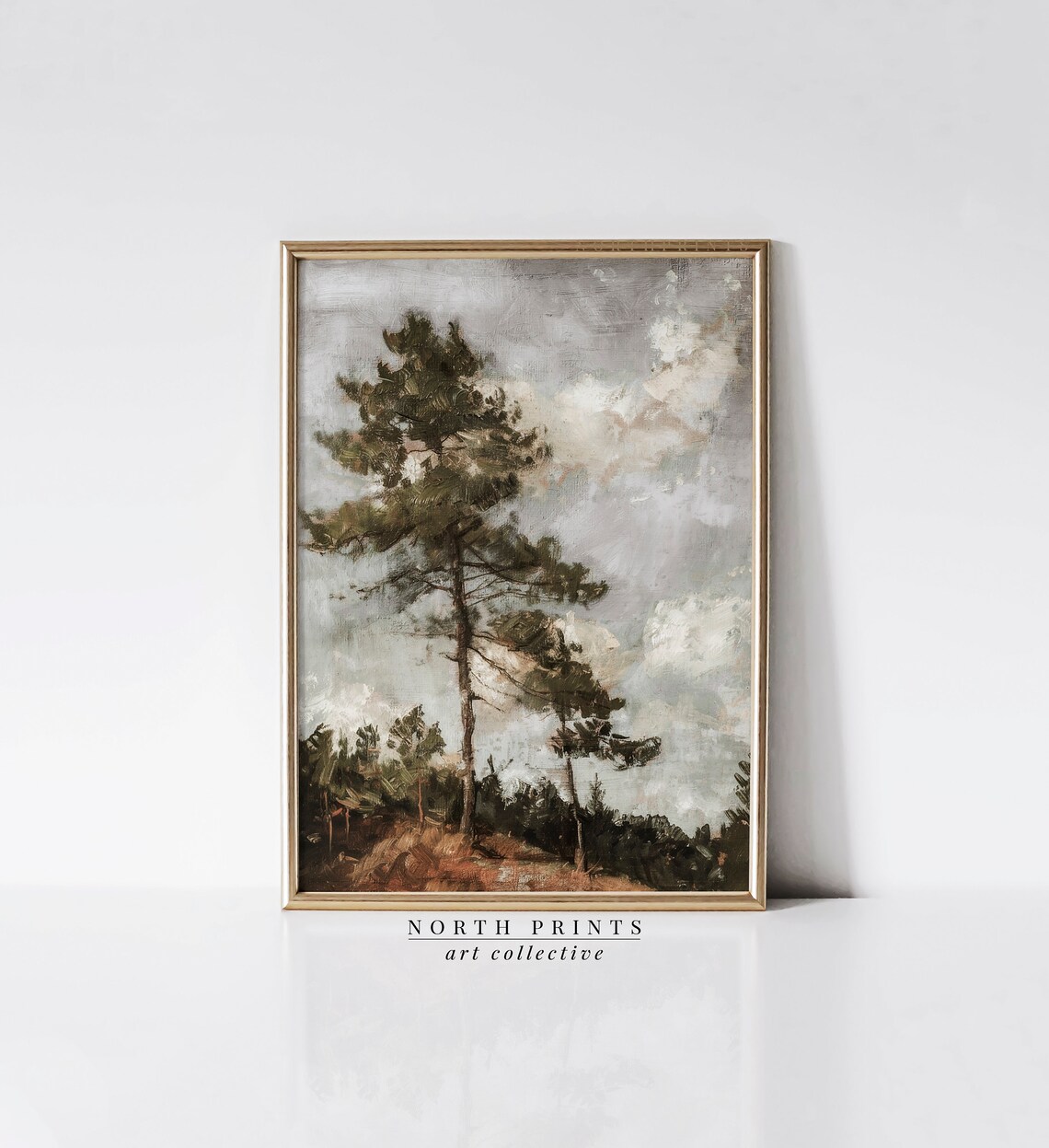 Rustic Pine Tree Landscape Art Print, Moody Autumn