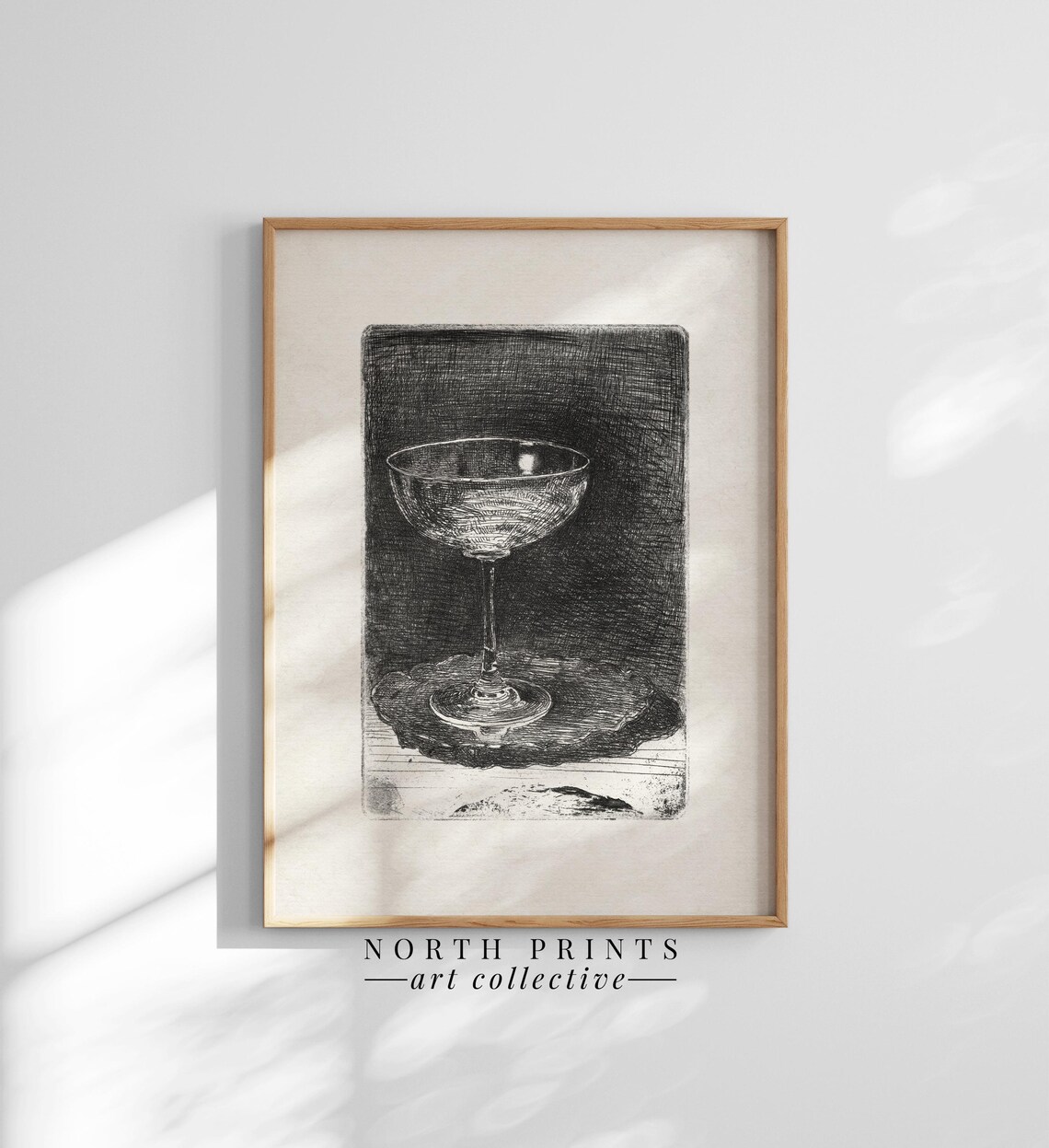 Antique Champagne Coupe Etching Vintage Cocktail Glass Bar Moody Art Print - Image 2