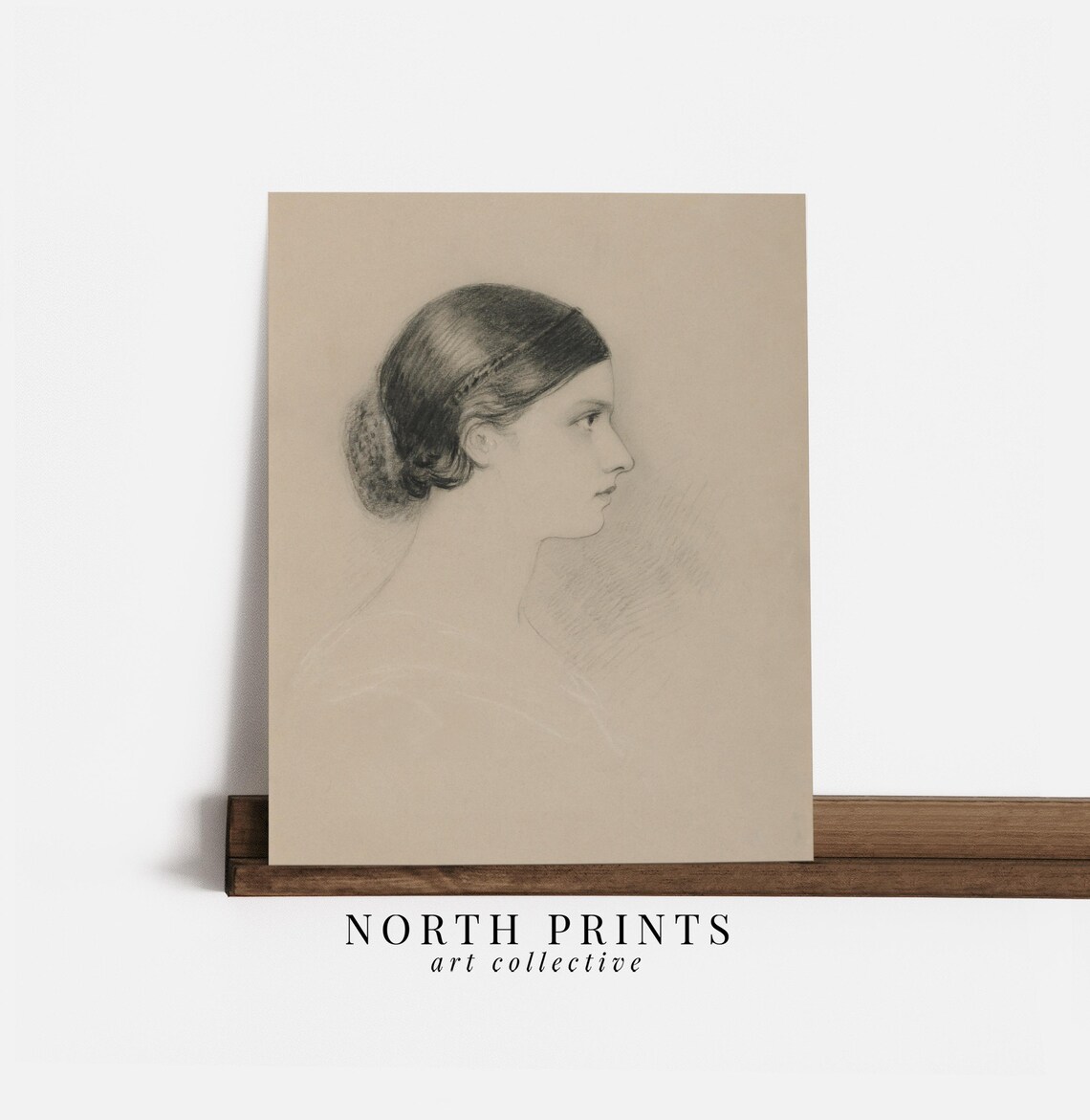 Antique Woman Profile Portrait Sketch Delicate Pencil Drawing Neutral Wall Print - Image 3