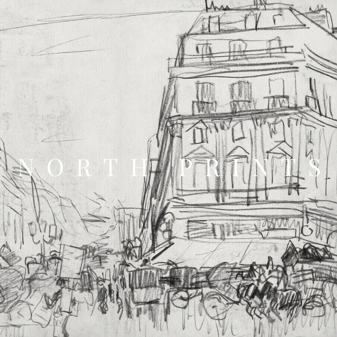Vintage Old Town Street Sketch City Architecture Charcoal Print - Image 2
