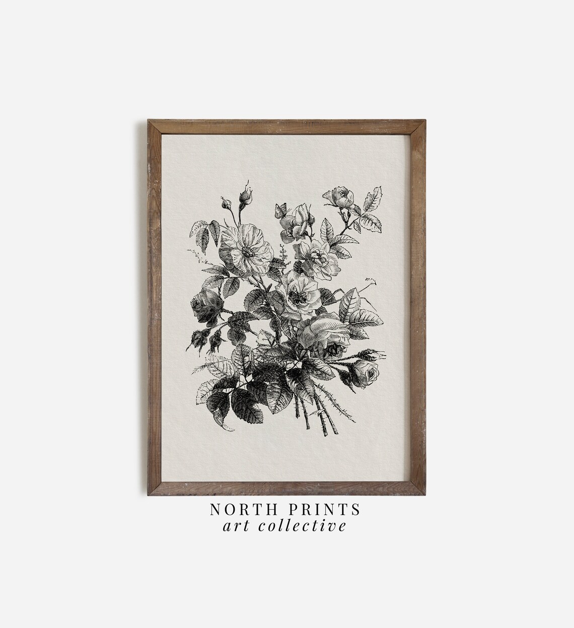 Antique Rose Bouquet Sketch Black White Floral Engraving Poster