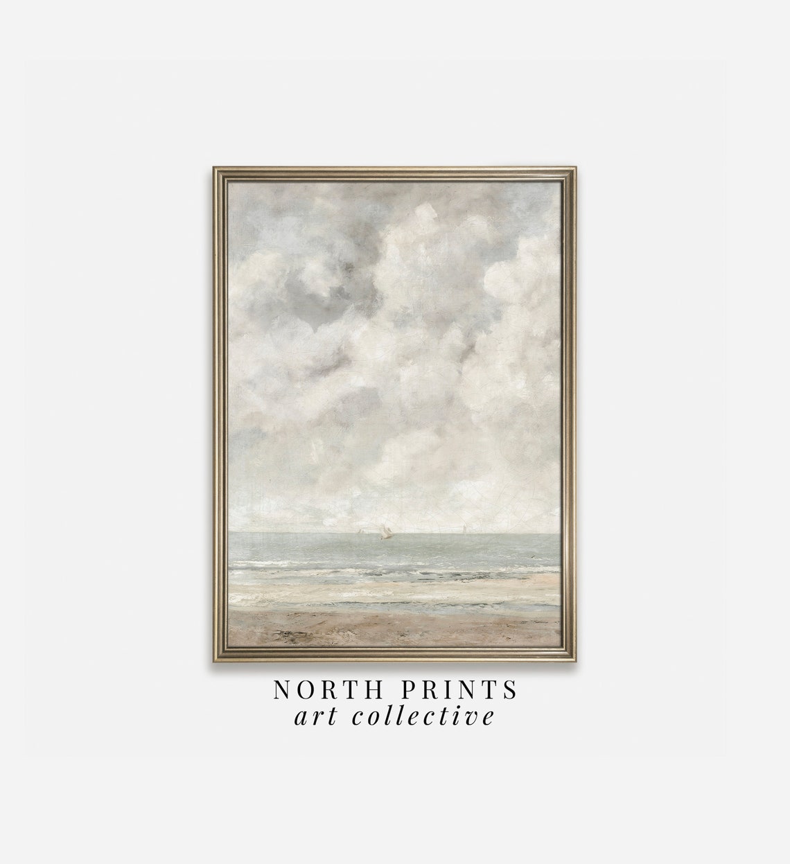 Vintage Ocean Beach Moody Cloudy Sky Seascape Neutral Waves Poster