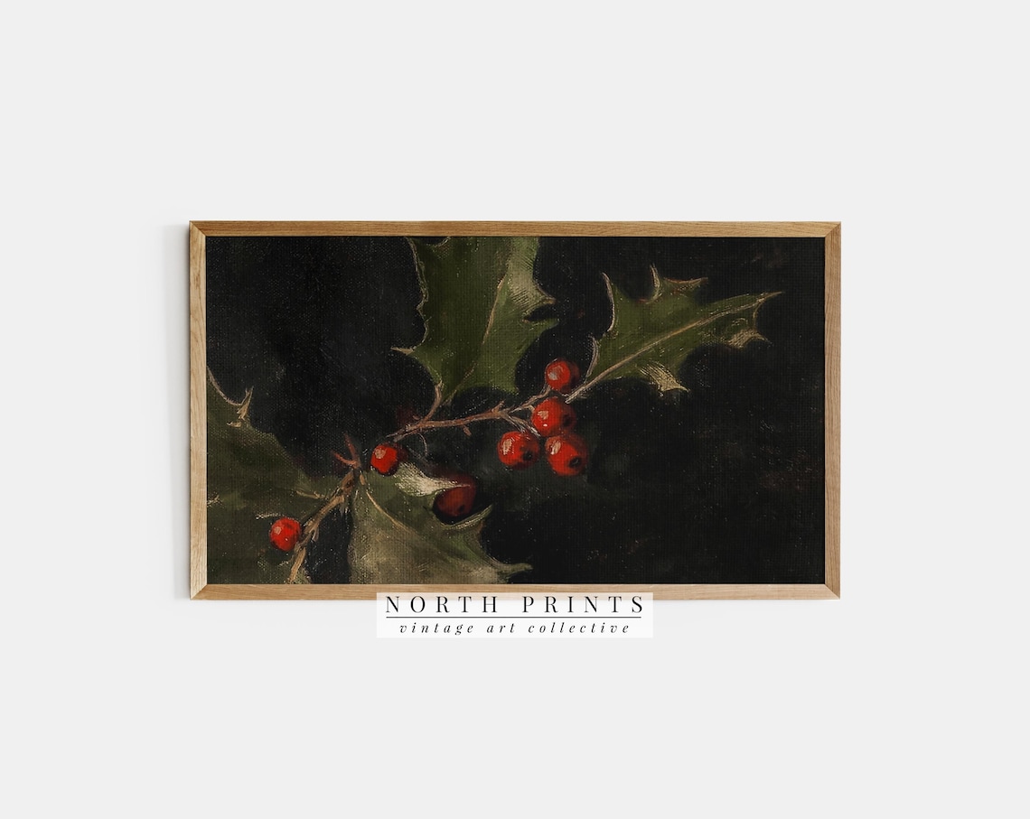 Winter Holly Berry Art Print, Moody Festive Decor