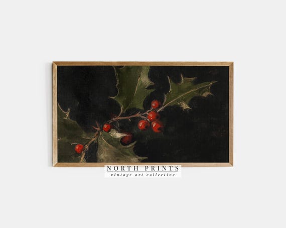 Winter Holly Berry Art Print, Moody Festive Decor