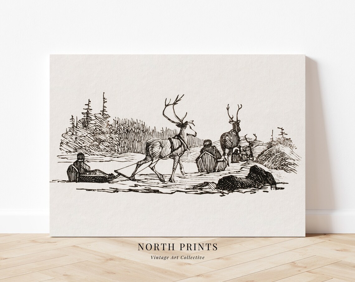 Vintage Reindeer Sketch Christmas Landscape Etching - Image 3