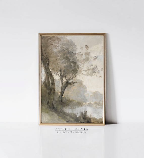 Muted River Landscape Painting Art Print, Neutral Green