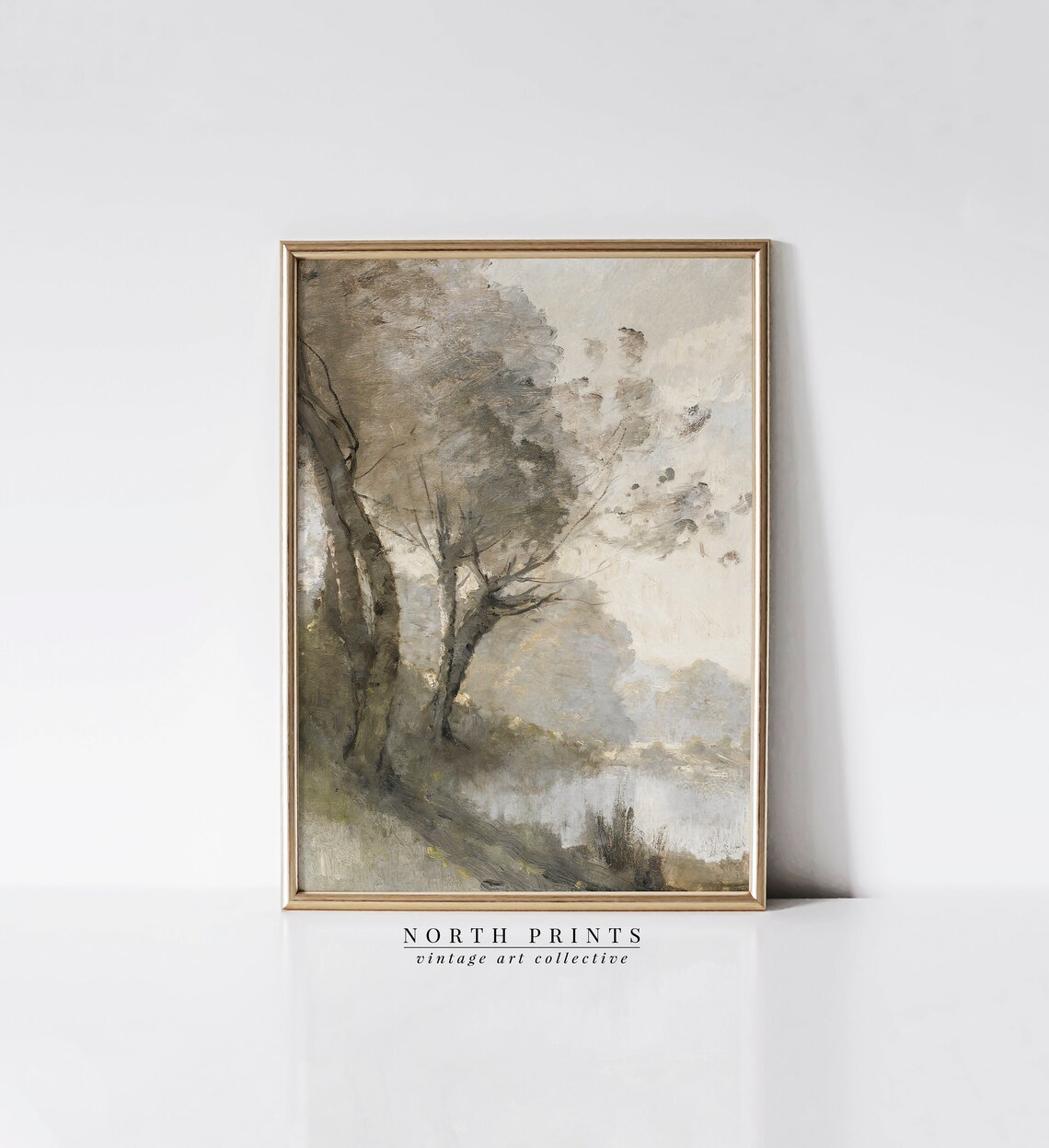 Muted River Landscape Painting Art Print, Neutral Green