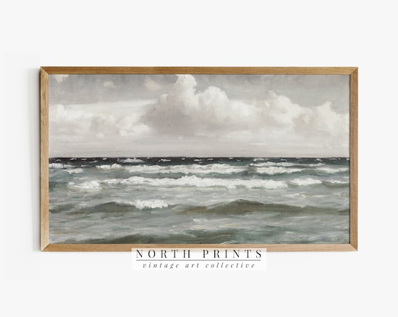 Stormy Ocean Waves Seascape Vintage Painting Dramatic Gray Sky Coastal Poster