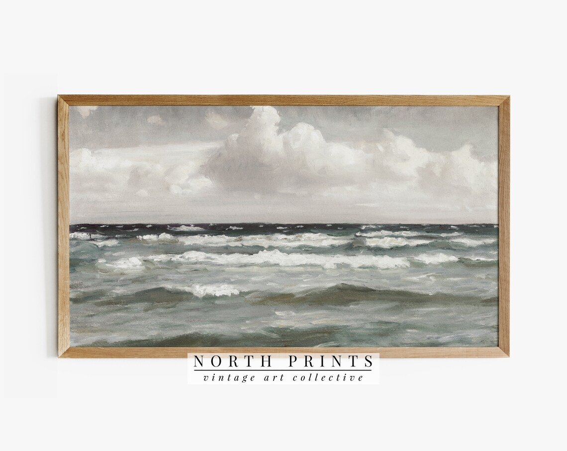 Stormy Ocean Waves Seascape Vintage Painting Dramatic Gray Sky Coastal Poster