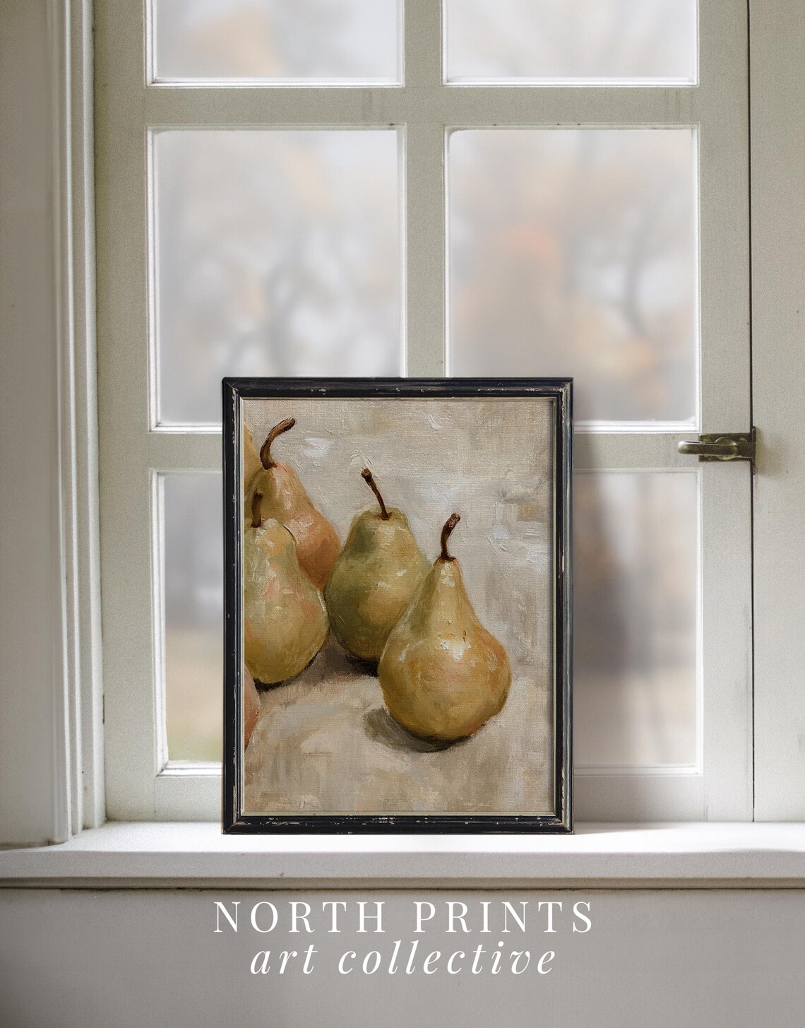 Rustic Pear Still Life Painting Vintage Green Golden Fruit Kitchen Wall Print - Image 3
