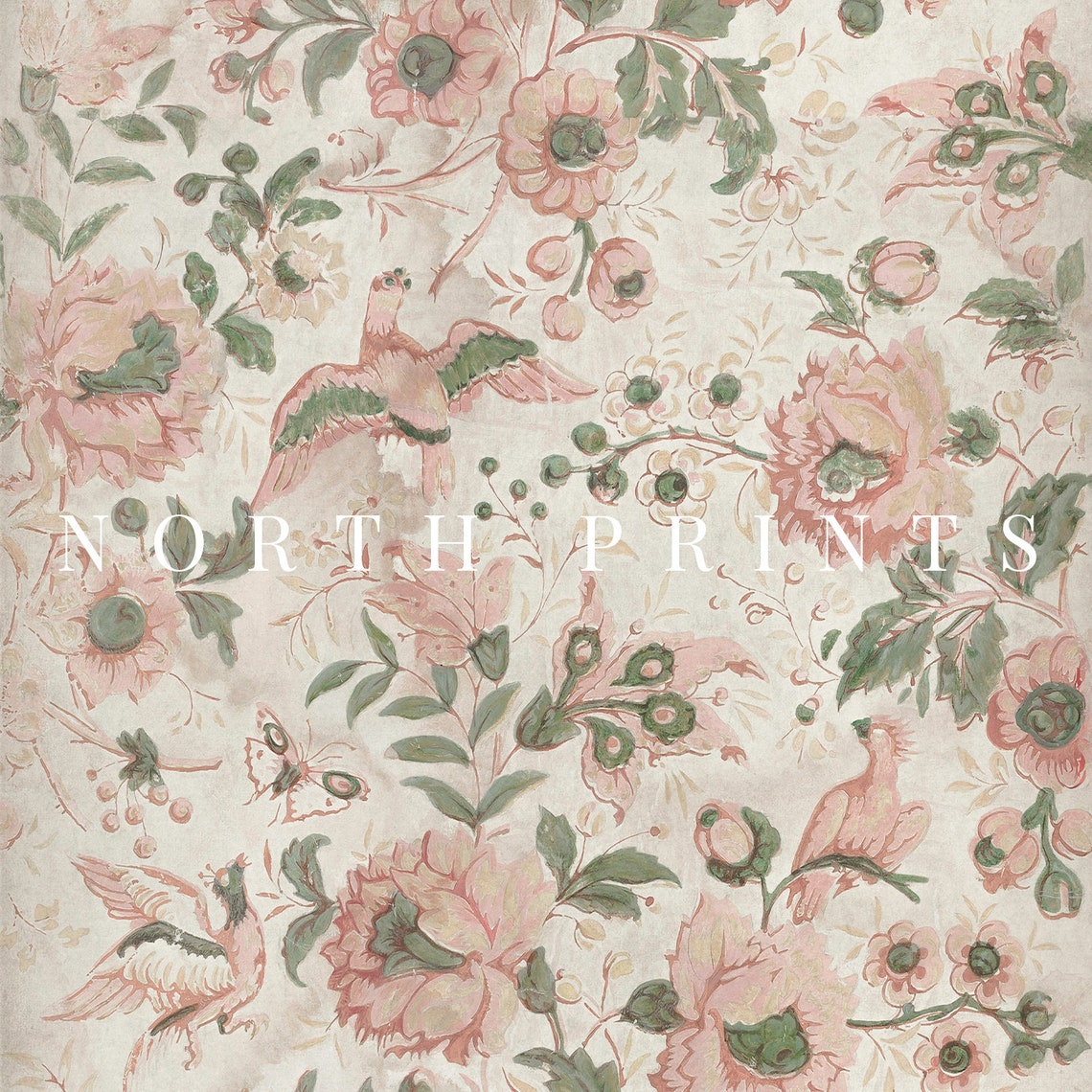 Pink Floral Chintz Pattern Birds Vintage Botanical Art Print - Image 2