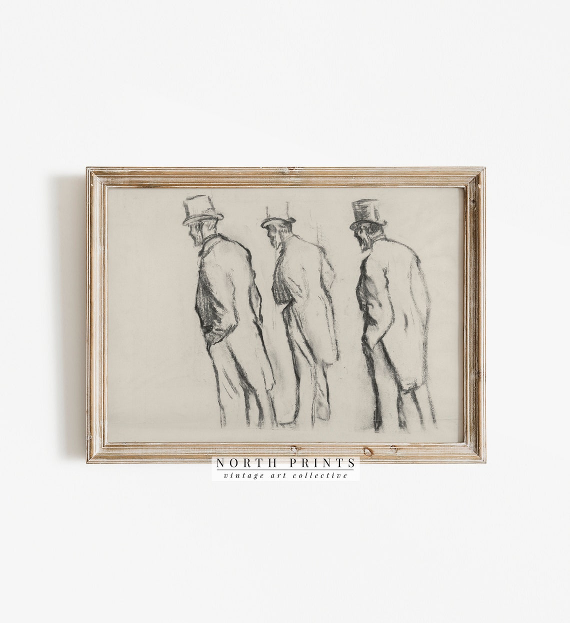Vintage Three Gentlemen Top Hat Charcoal Figure Sketch Print - Image 3