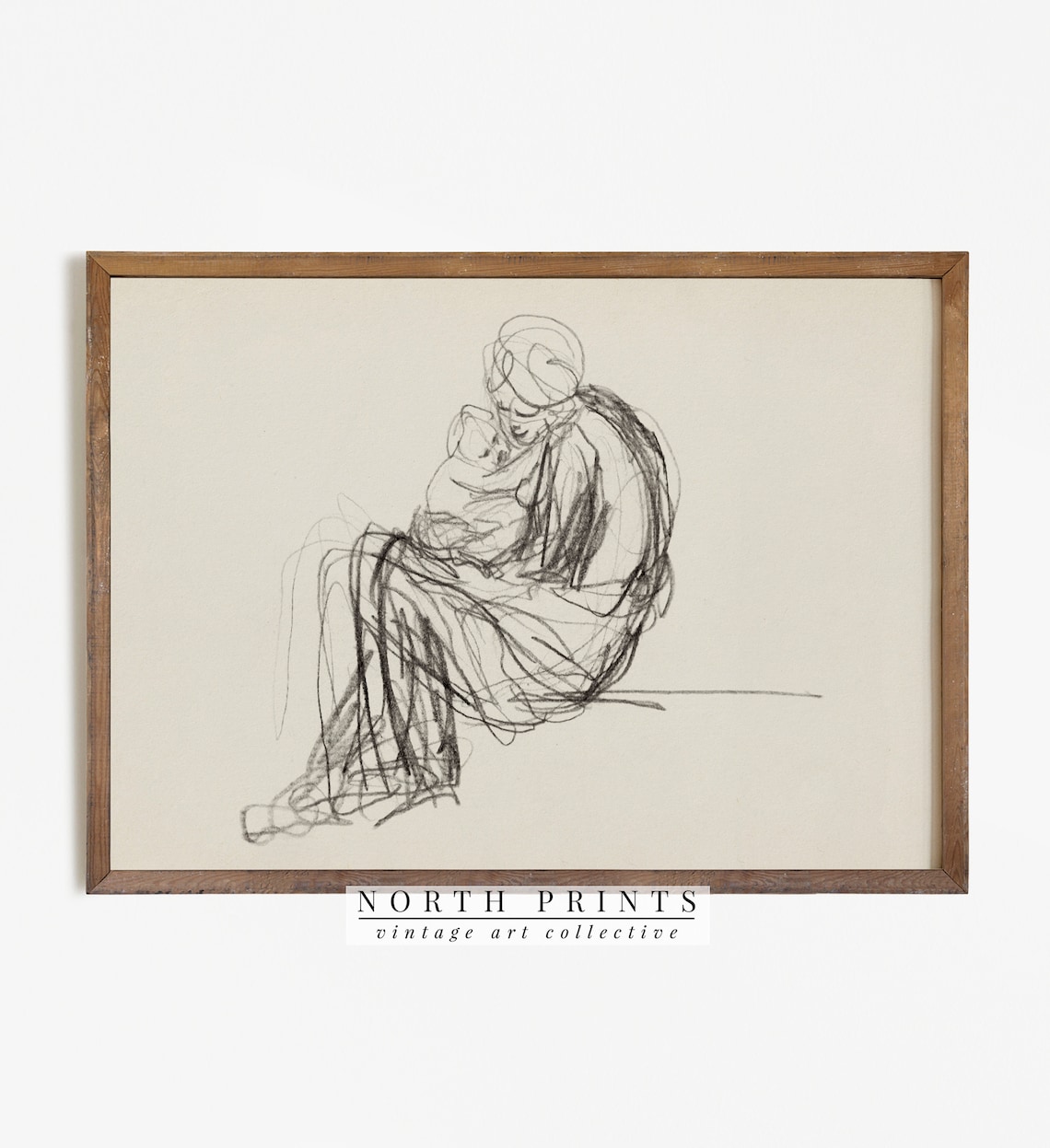 Vintage Mother and Child Sketch, Neutral Line Drawing - Image 3