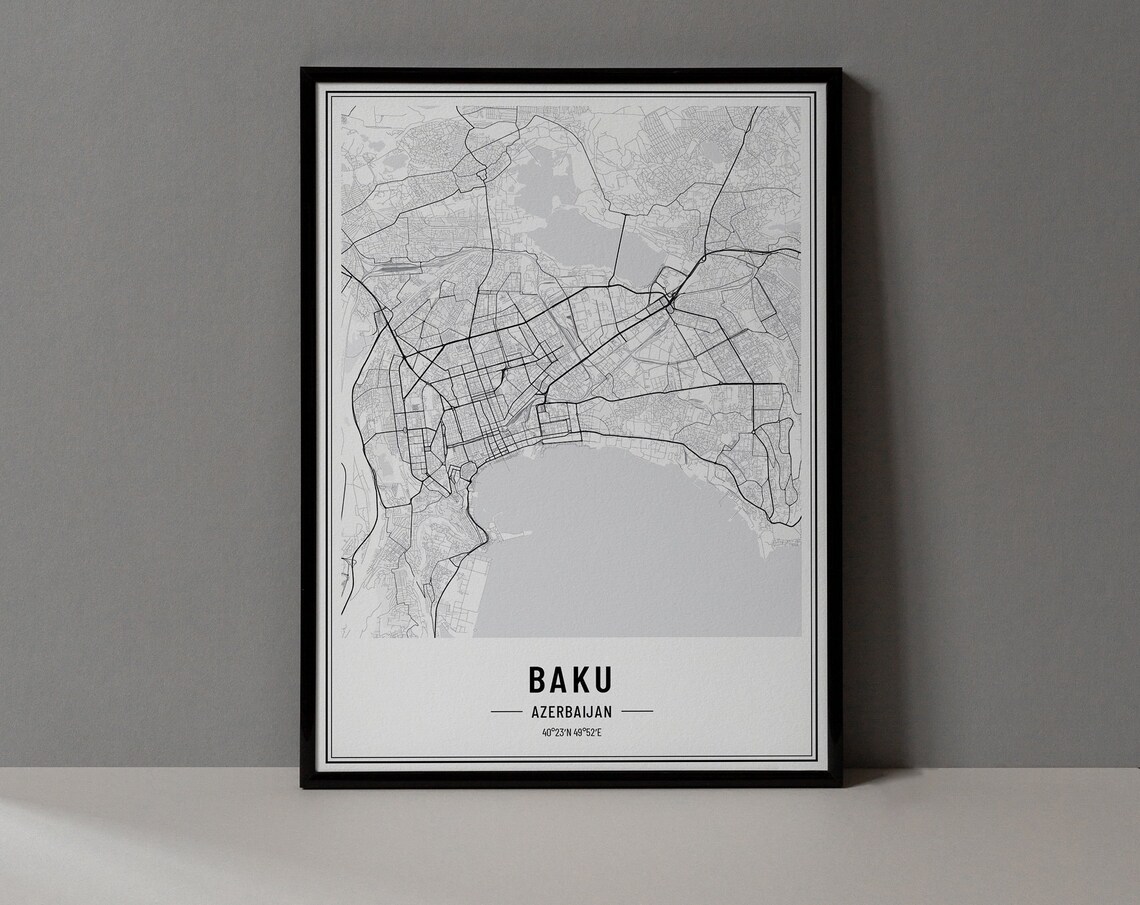 Baku Azerbaijan Black and White Detailed City Map Art Poster