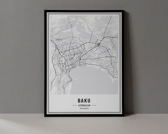 Baku Azerbaijan Black and White Detailed City Map Art Poster
