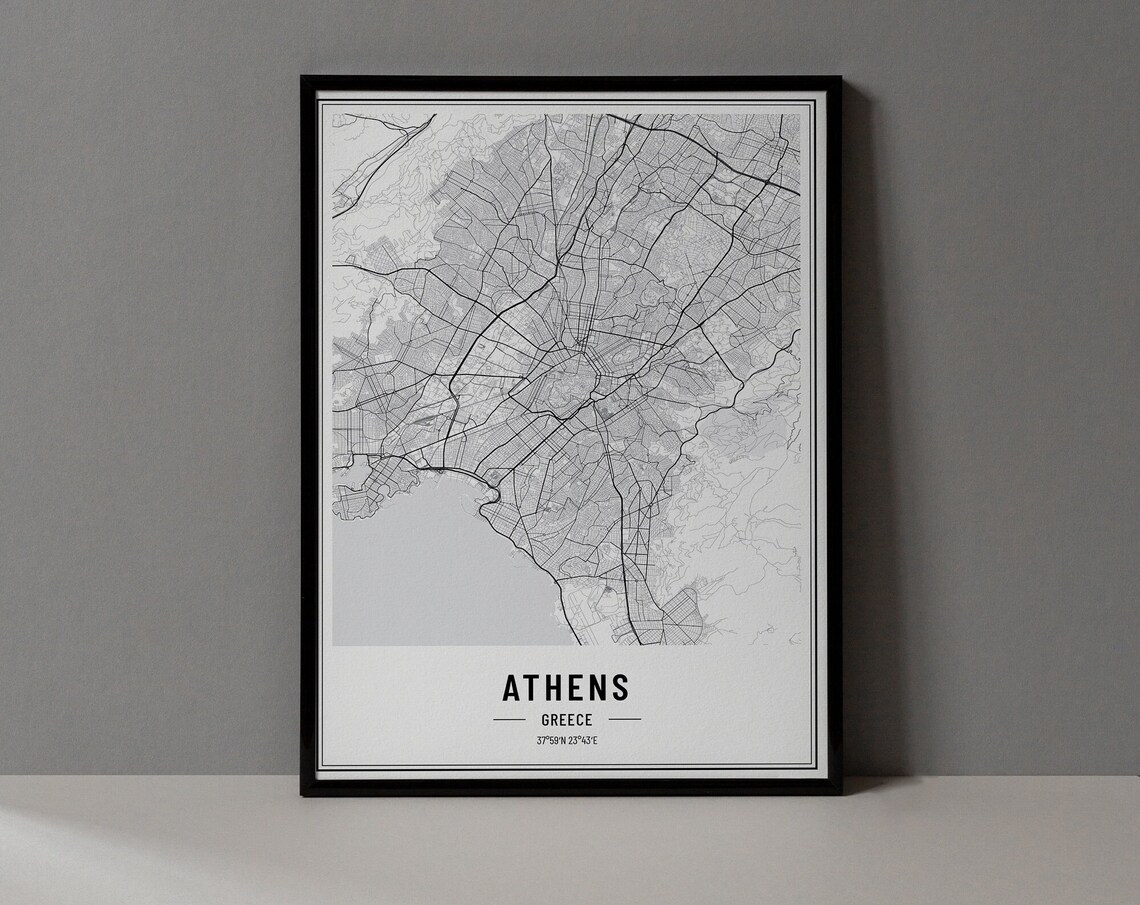 Athens Greece Minimalist Black White City Street Map Art Poster