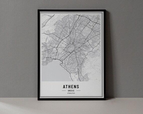 Athens Greece Minimalist Black White City Street Map Art Poster