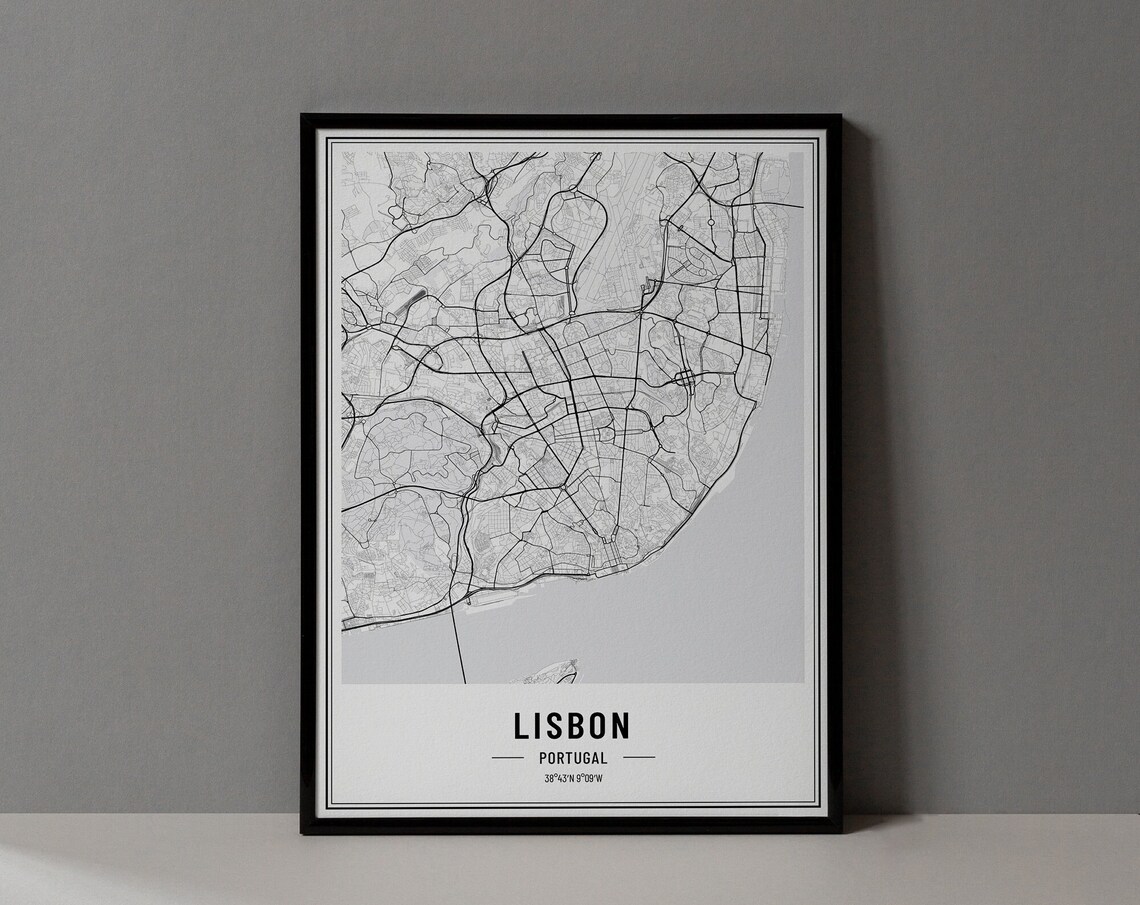Lisbon Portugal Minimalist Black White City Street Map Poster