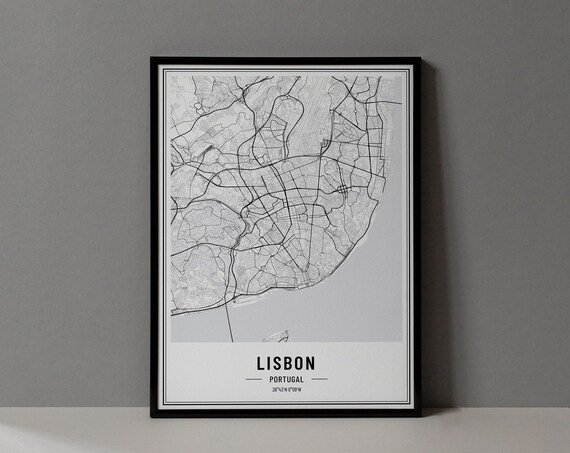 Lisbon Portugal Minimalist Black White City Street Map Poster