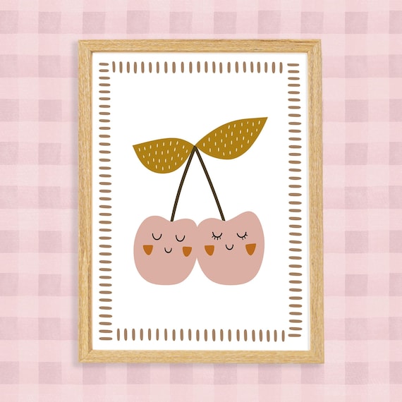Cute Smiling Cherry Faces Pair Whimsical Nursery Room Art Poster