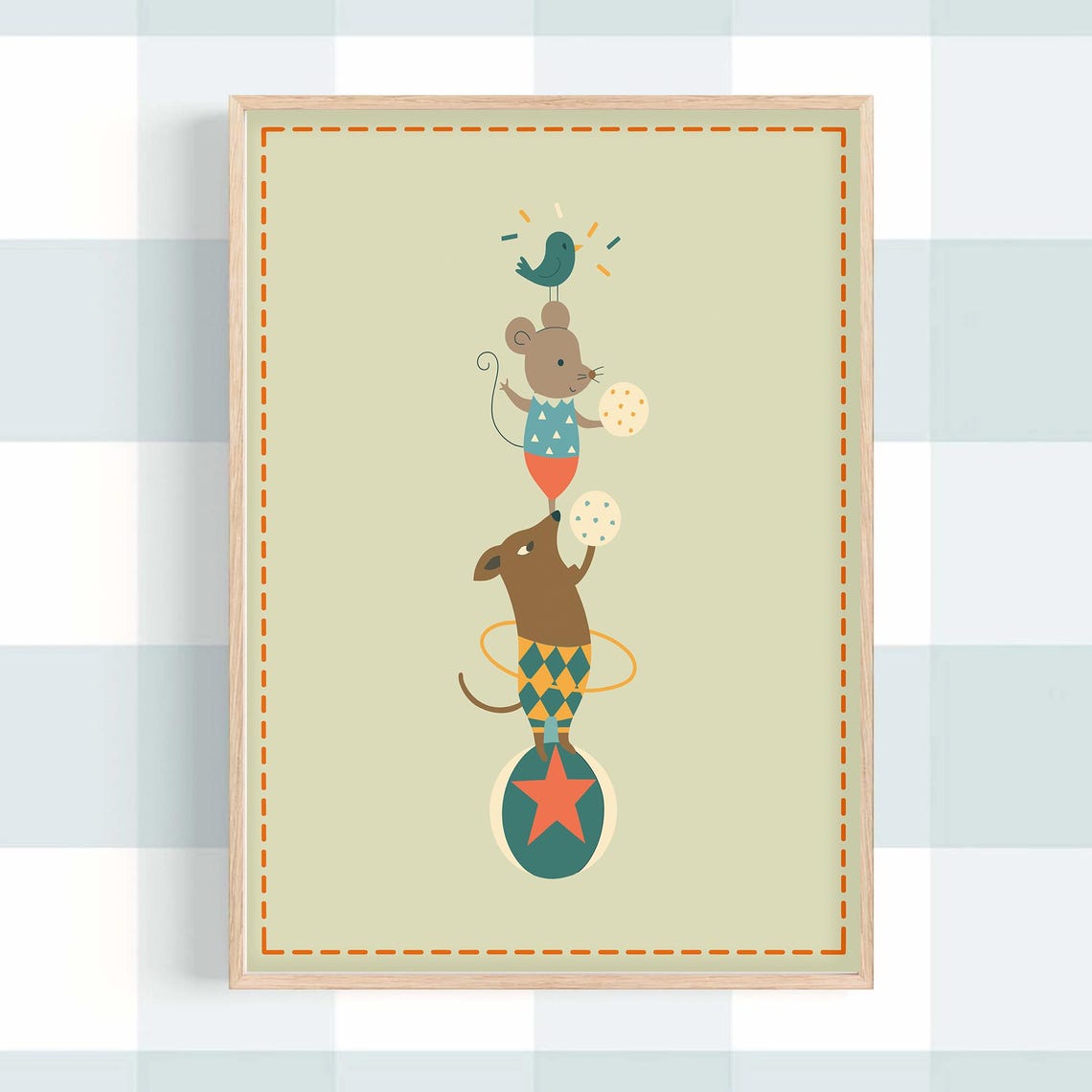 Playful Circus Animals Stacked Balancing Act Kids Room Poster