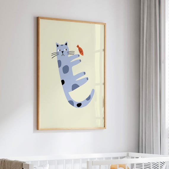 Cat And Fish Wall Art Modern Kids Room Poster Baby Nursery Toddler Playroom Animal