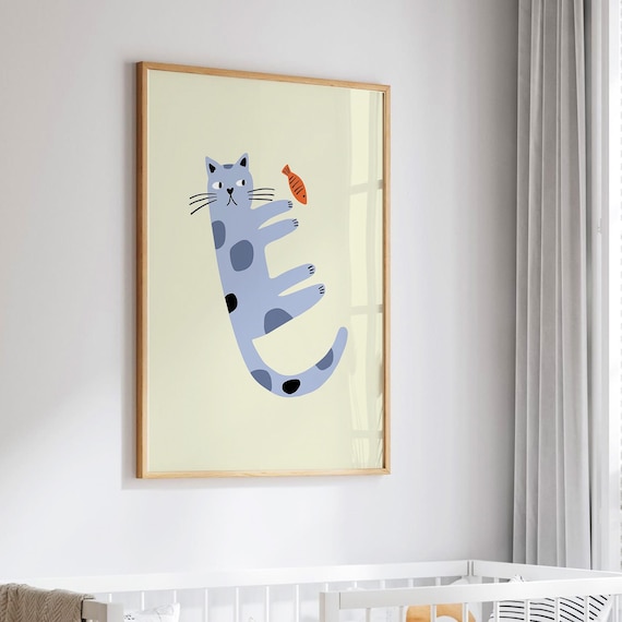 Playful Blue Cat with an Orange Fish Cute Kids Animal Humor Poster
