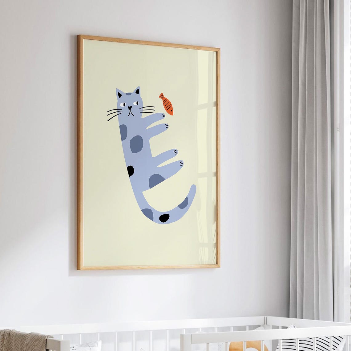 Playful Blue Cat with an Orange Fish Cute Kids Animal Humor Poster