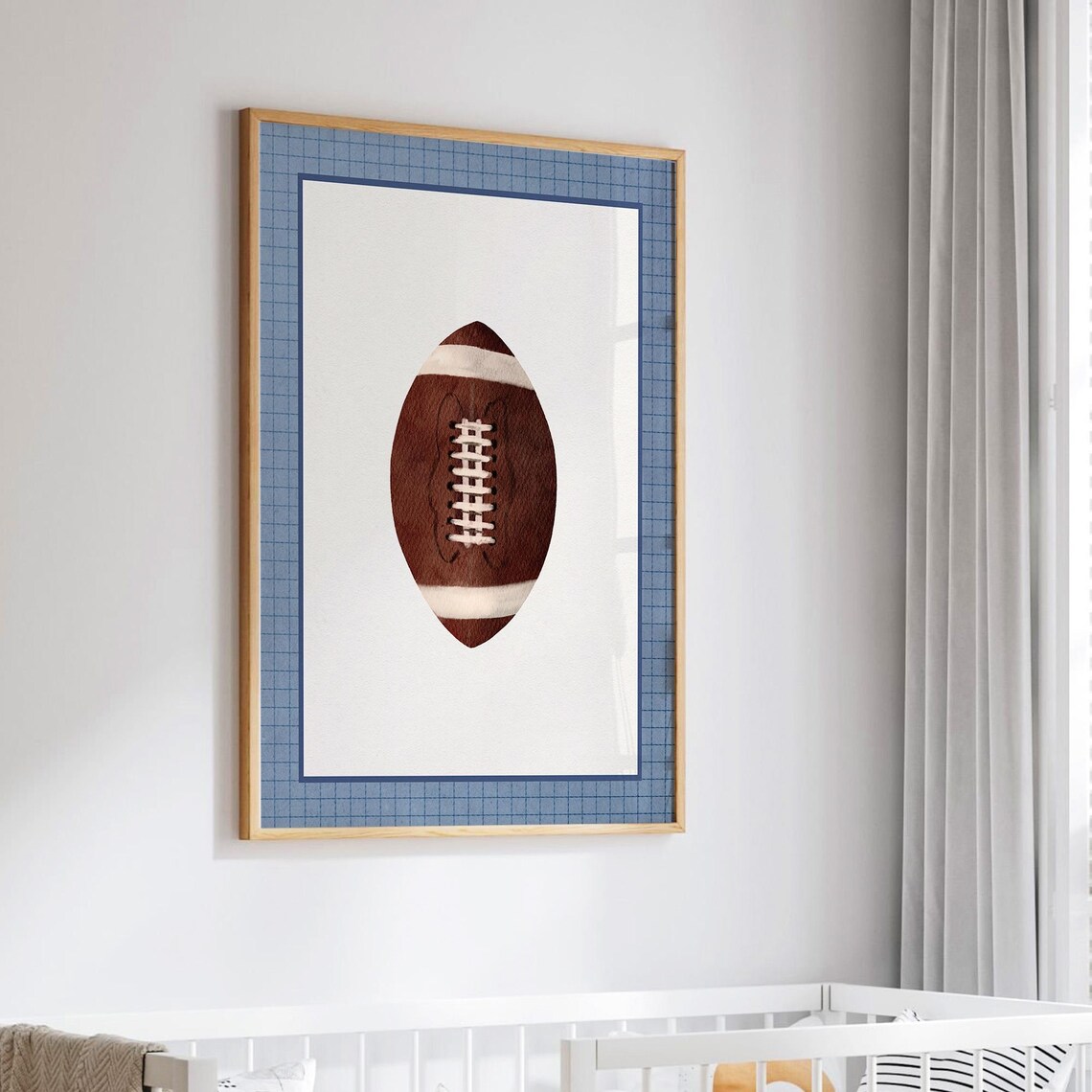 Vintage Leather Football Navy Gingham Border Classic Sports Nursery Art Poster