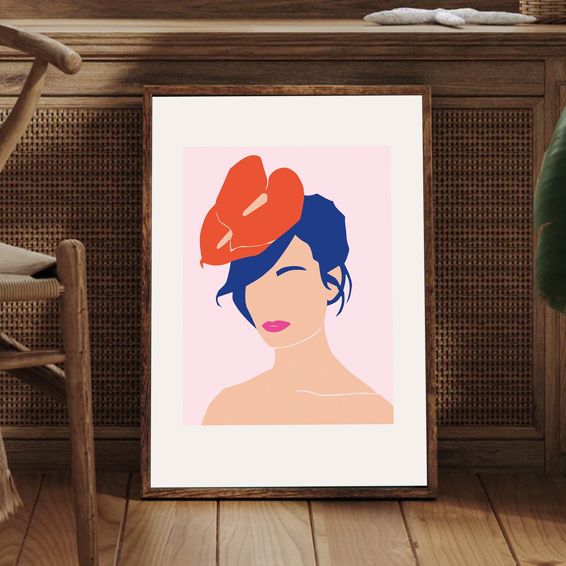 Chic Modern Woman Orange Flower Hat Abstract Portrait Art Poster